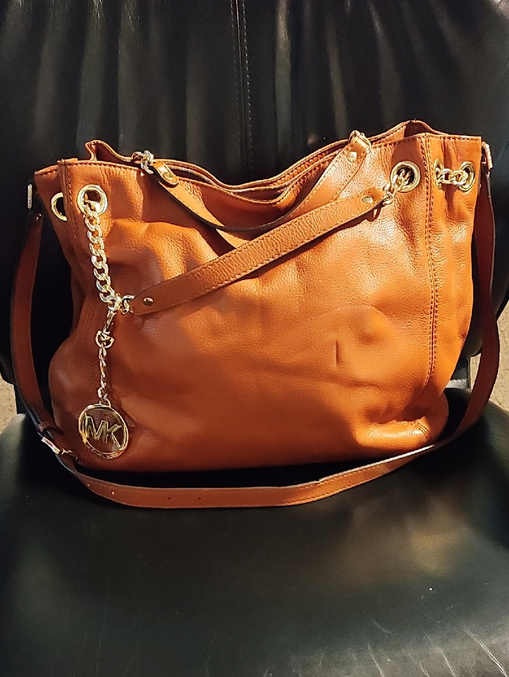 Michael Kors Authentic Cognac Leather Shoulder Bag with Gold Accents
